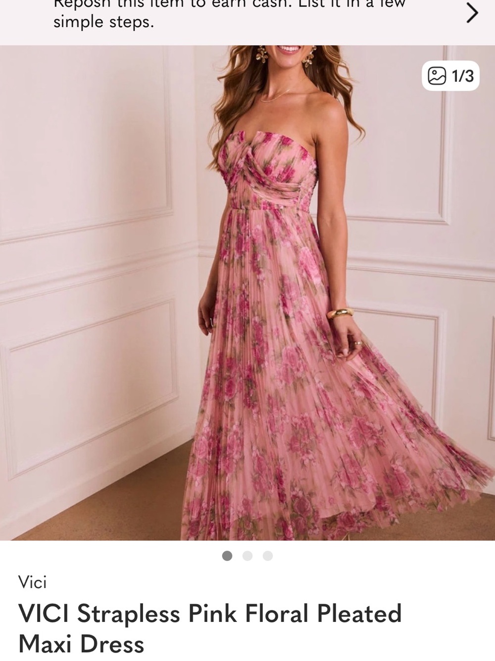 VICI Strapless Blush Pink Floral Pleated Maxi Dress